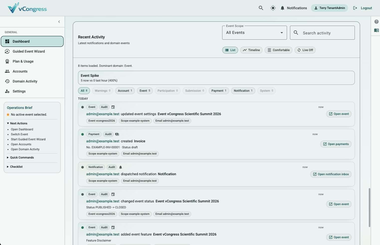 Activity timeline with operational actions and actor context