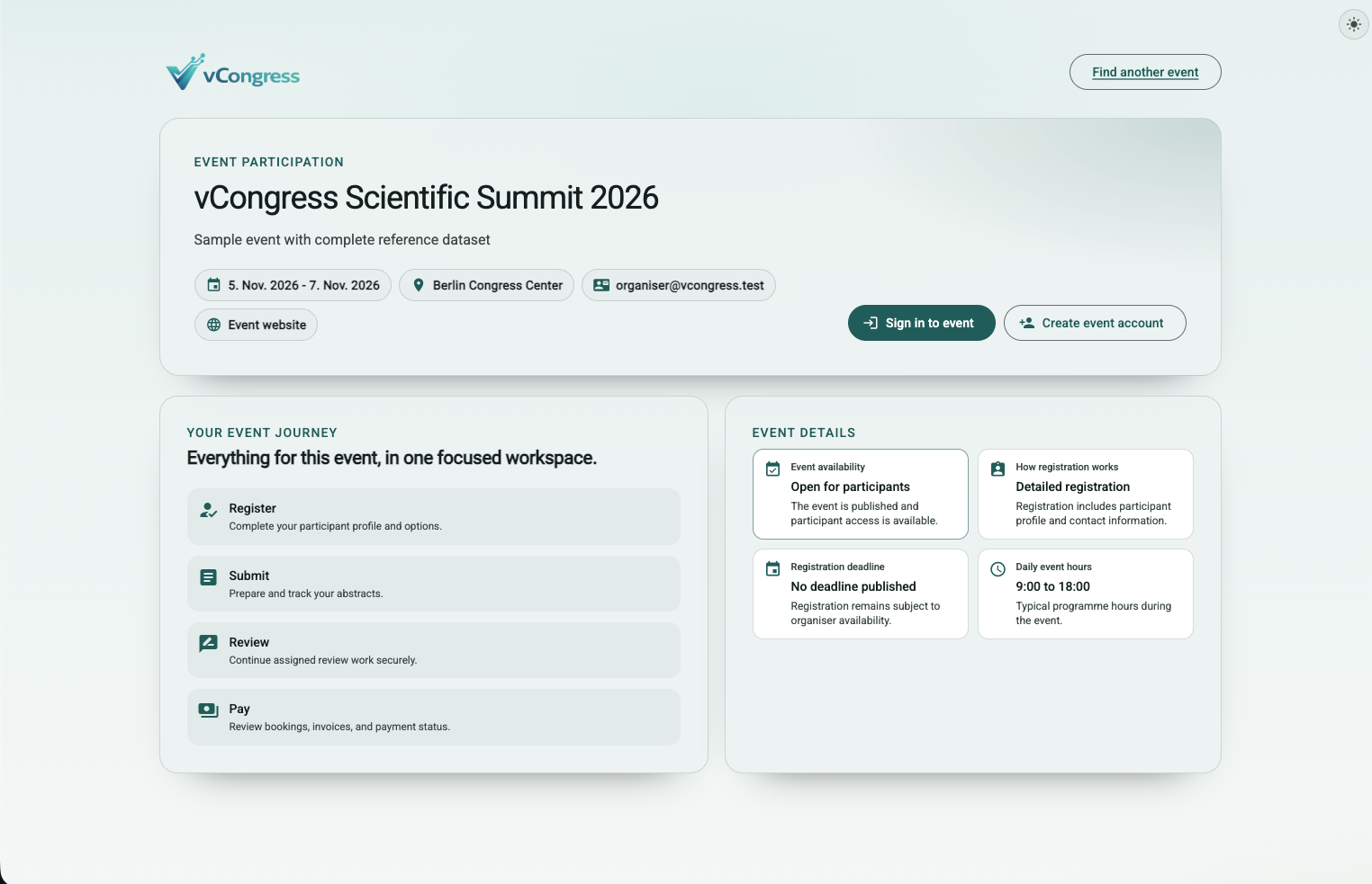 Öffentliche Event-Seite mit Programm und Registrierung