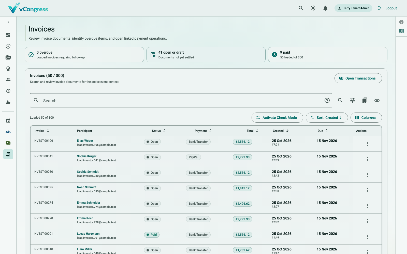 Invoice list with status, payment method, totals, and due dates