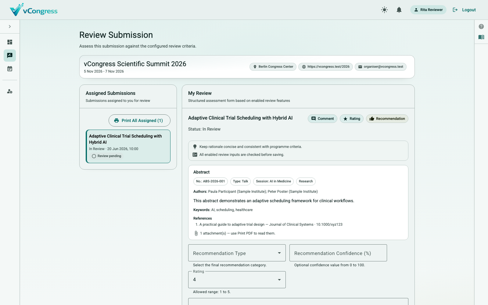 Bewertungsformular mit Abstract-Details, Rating und Empfehlung